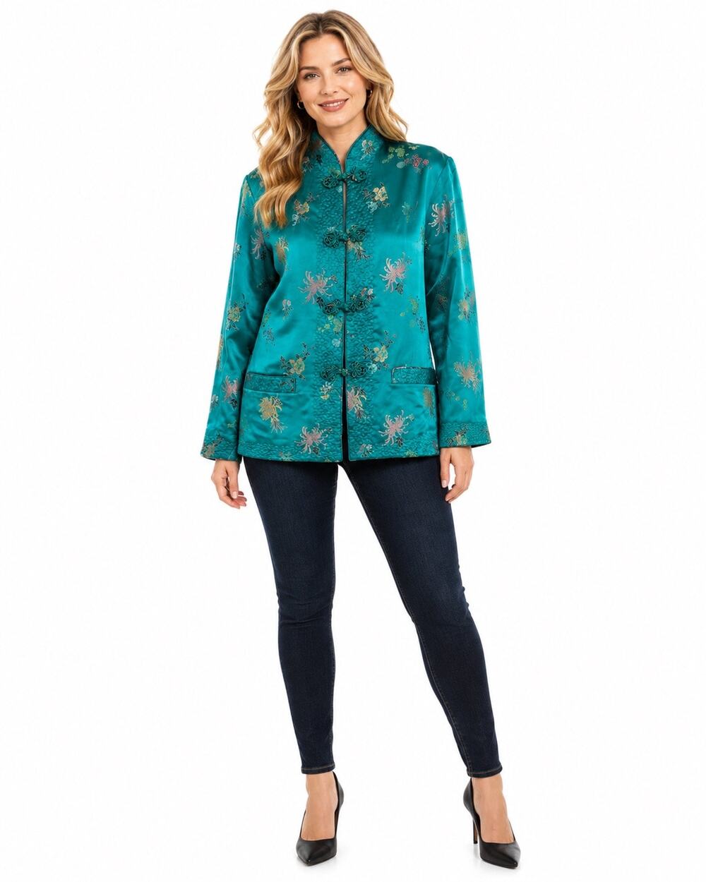 Retro Asian-Inspired Teal Floral Print Silky Mandarin Collar Frog Button Jacket